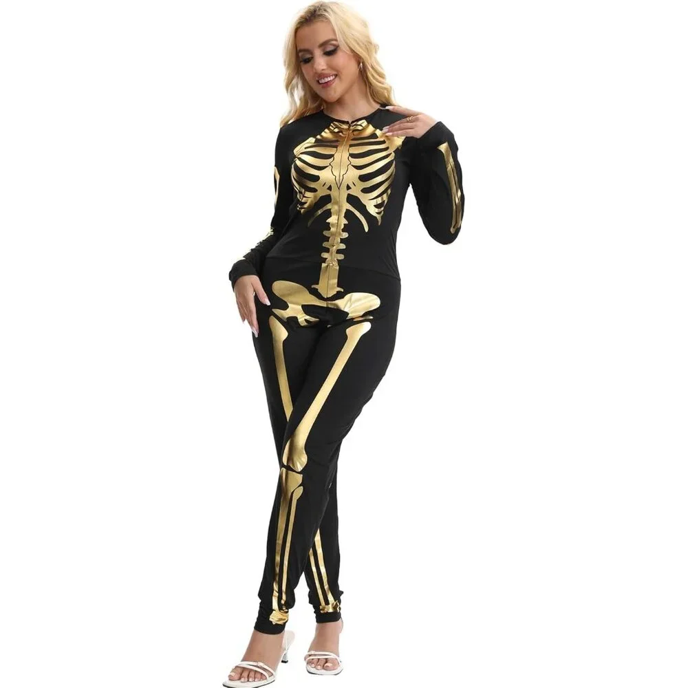 Women's Gold Skeleton Form Fitting Flattering Double Sided Skeleton Costume - Picture 6 of 9